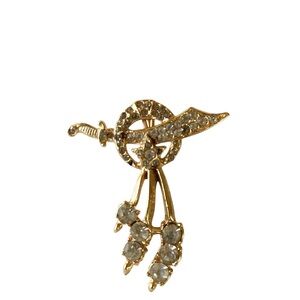 Shriner Masonic Sword Crescent Moon Brooch Pin Gold Tone Rhinestones Antique